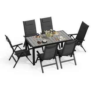 JUMMICO Gartenmöbel Set, 4 stühle Klappbar mit 1 Tisch, 5-Fach Verstellbarer Aluminium Sessel und Einer Tischplatte in Holzoptik, Wetterfestes Terrassenmöbel für Balkon und Garten