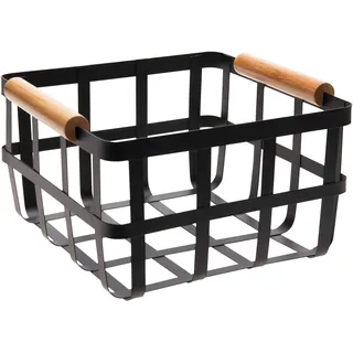 Simplify Square Metal Basket with Bamboo Handles in Black Aufbewahrungskorb aus Metall mit Bambusgriffen, Landhaus-Stil, Organisation, Heim-Organizer, dekorativ, rustikal, Eisen, schwarz, Medium