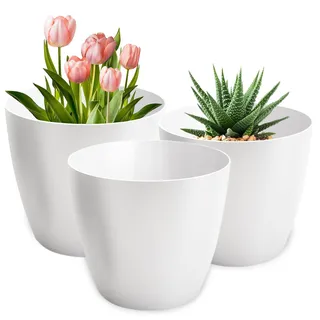 PECZEKO Blumentopf matt, 3er-Set blumenkübel, 20/25/30 cm Pflanzkübel aus Übertopf Kunststoff Topf für, groß und klein Pflanzen, 3er-Set blumenkübel kräutertopf, Weiß