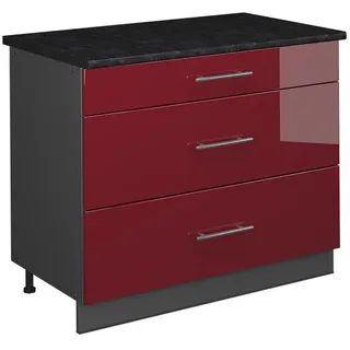 Vicco Küchenunterschrank Fame-Line, Bordeaux Hochglanz/Anthrazit, 100 cm, AP Anthrazit , Bordeaux, Anthrazit , Holzwerkstoff , 3 Schubladen , Rechteckig , 100x82x60 cm , Küchen, Küchenmöbel, Küchenschränke, Küchenunterschränke