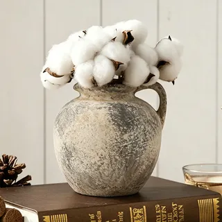 PORCER Antike Terrakotta-Vase mit Griff, 14 cm, Bauernhaus-Keramik-Boho-Dekor, rustikale Heimdekoration für Wohnzimmer, Tisch, Hochzeit, Used-Look, Grau