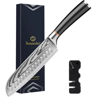 Sunnecko Santoku Messer Damastmesser 17cm, Hochwertiges Küchenmesser aus VG-10 Stahl, Fleischmesser mit Ergonomischem Griff, Schärfes Kochmesser für Lebensmittel
