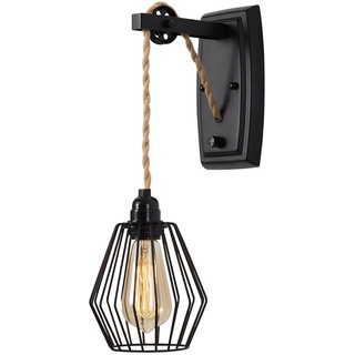 ENCOFT Wandleuchte mit Schalter Dimmable Vintage Wandlampe Industrial Eisen Käfig Design E27 Lampe Riemenscheibe und Hanfseil Design für Treppenhaus Hotel Schlafzimmer Wohnzimmer(Keine Glühbirnen)