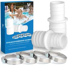 2x Schlauchverbinder mit 4x Schlauchschellen für den Pool - Schlauchtülle im 2er Pack (32mm x 38mm, Weiß)