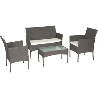 Happy Garden - Gartenmöbel-Set aus Polyrattan, Grau und elfenbeinfarbene Kissen, Set Tisch und Stuhl für 4 Personen.