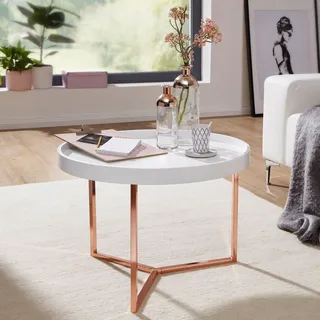 FineBuy Couchtisch 58,5x42x58,5cm Sofatisch Metall Rund Designer Retro Wohnzimmertisch modern Kleiner Loungetisch Weiß Kupfer - Weiß