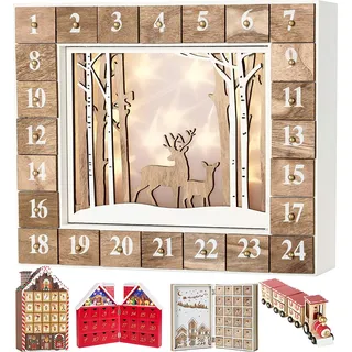 BRUBAKER Adventskalender Wald Holz Weiß Natur mit LED Beleuchtung 35.5 x 6 x 27 cm - Beige, Weiß