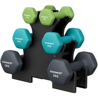 SONGMICS Kurzhantel Set, Hexagon, mit Hantelständer, 2 x 1 kg, 2 x 2 kg, 2 x 3 kg, mattes Finish, Neopren-Beschichtung, Krafttraining, zu Hause, limettengrün, aquamarin und dunkelgrau SYL612G02