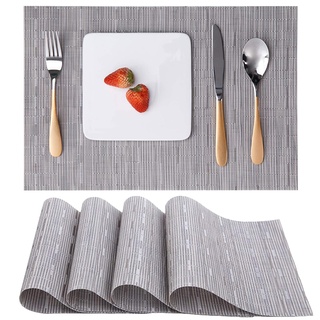 Myir JUN Tischsets Abwaschbar 4er Set, Gewebte Platzdeckchen Abwaschbar rutschfest Abgrifffeste Hitzebeständig, Vinyl Platzsets Abwaschbar für küche Speisetisch Hotel, Platz-Matten 30x45cm (Silber)