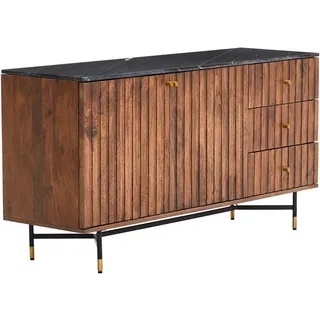 Mid.you Sideboard , Schwarz, Messingfarben, Walnussfarben , Metall , Mangoholz , massiv , 1 Fächer , 3 Schubladen , 150x78x45 cm , Holzmöbel, Kommoden Holz, Sideboards Holz