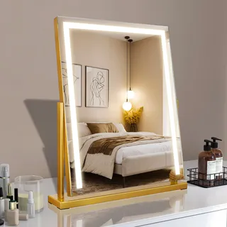 MantoLite 52 * 58CM Quadrat Touch-Schalter Tischspiegel, Großer Kosmetikspiegel Mit Lichtern 360° Drehbar, Gold Led-Make-Up-Spiegel, Dimmbaren 3 Farbmodis Spiegel Mit Lichtern Für Schlafzimmer