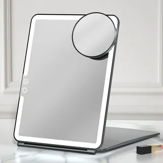 FUNTOUCH 2500mAh Kosmetikspiegel mit Beleuchtung,1X10X Spiegel Vergrößerung | USB Aufladbarer Beleuchteter Reisespiegel, 3 Farben Winstellbarer Led Schminkspiegel, Make up Spiegel für Reisen (Schwarz)