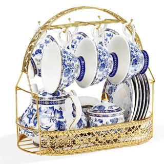 fanquare Blau Blume Porzellan Teeservice mit Metallständer, Vintage Porzellan Kaffeetasse und Untertasse, Englische Kaffeeservice for Erwachsene