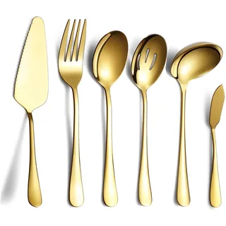 HOMQUEN 6-Teiliges Gold Besteck Set, Rostfreier Stahl Servierbesteck, Tortenheber, Geschlitzter Servierlöffel, Servierlöffel, Aufschnittgabel, Buttermesser, Suppenkelle