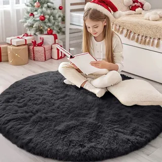 Homaxy Hochflor Waschbar Klein Teppich Wohnzimmer 120 cm Rund, Schwarz