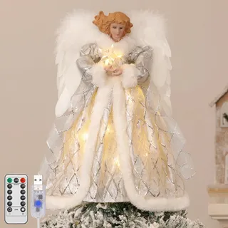 Lewondr Christbaumspitze Engel, 12 Zoll Glitzernd Weihnachtsdeko Weihnachten Baumspitze mit Timer, USB-betrieben Fernbedienung Tannenbaum Spitze für Weihnachtsbaum Weihnachten Party Innen, Silber