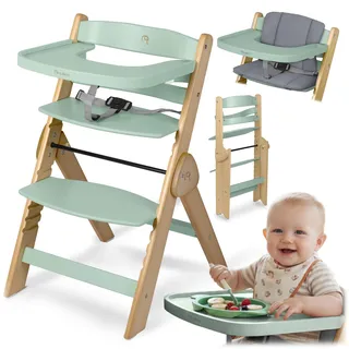 Nukido Hochstuhl Baby Holz Kinder ab 6 Monaten - Verstellbar Klappbar - Abnehmbares Tablett und Sicherheitsgurte - Grün Timo