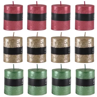 12x Rustikale Metallic Mini Kerzen ca. 4 x 5 cm Stumpenkerzen Set im glänzenden Antik Look in Rot, Grün und Gold (Mini, 12, stück)