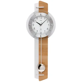 AMS 5271 Funk-Pendelwanduhr, modern, Kernbuche mit Aluminium-Applikationen, weißes Zifferblatt mit arabischen Zahlen, Mineralglas, silberfarbenes Pendel, für Wohnzimmer, Maße: 25 x 70 x 7 cm
