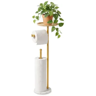 Stehender Toilettenpapierhalter, goldfarben, mit 20,1 cm großem Tablett, 1 kg schwererer Marmorsockel, freistehender Papierhalter mit Handyablage, hält 5 Papierrollen (Gold)