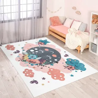 Carpet City Kinderteppich »ANIME917« rechteckig 11 mm Höhe Kinderzimmer Teppich Modern mit Mond, Blumen, Wolken, Creme, Multi, beige