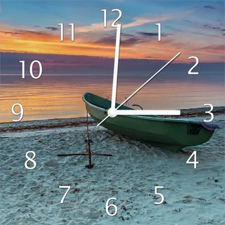 Wallario Design Wanduhr Einsames Fischerboot mit Anker am Strand aus Echtglas, Größe 30 x 30 cm - Blau