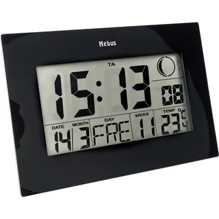 MEBUS Funkwanduhr, Funk-Tisch-Uhr, Zwei Weckzeiten mit Weckwiederholung, Innenthermometer, Kalender, Zeitzonen-Einstellung, Mondphase, Farbe: Schwarz, Modell: 46732