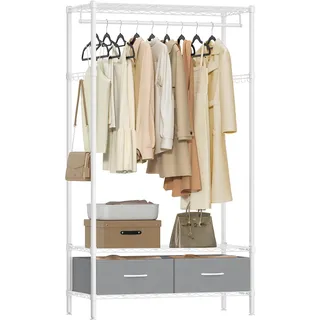 SONGMICS Kleiderständer, offener Kleiderschrank, Garderobe mit Gitterablagen, Garderobenständer mit 2 Schubladen und Kleiderstange, freistehend, wolkenweiß-taubengrau LGR411W01