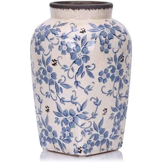 Blaue und Weiße Blumenvase - 24,6 cm Vintage Keramik für Tischmitte, Rustikaler Bauernhof für Hausdekoration, Dekorativ für Chinoiserie