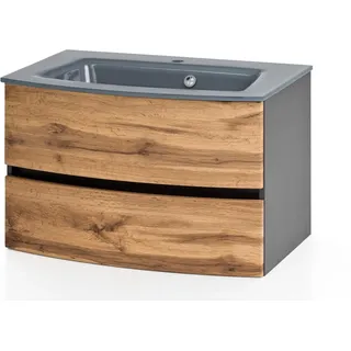 Held Möbel Waschtisch Salerno 80 cm Wotaneiche-Graphitgrau, graues Glasbecken