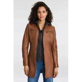 Ledermantel MAURITIUS "Bente", Damen, Gr. XXL/44, braun (cognac), Obermaterial: 100% Schafsleder. Futter: 100% Baumwolle. Kapuze: 55% Polyester, 45% Baumwolle. Ärmelfutter: 100% Polyester, kontrastfarbene Details, sehr figurbetont Po-bedeckend, mit Reißverschluss, Mäntel Ledermantel, 2-in-1-Lederjacke mit abnehmbarem Kapuzen-Inlay aus Jerseyqualität, Topseller