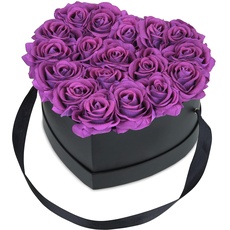 Relaxdays Rosenbox Herz, 18 Rosen, stabile Flowerbox schwarz, 10 Jahre haltbar, Geschenkidee, dekorative Blumenbox, lila