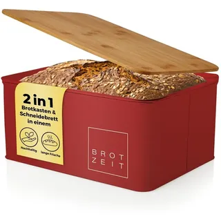 Lumaland Cuisine Brotkasten aus Metall mit Bambus Deckel | rechteckig 30,5 x 23,5 x 14 cm | [Rot]