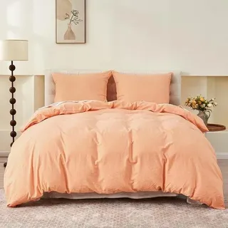 Linnen und Baumwoll-Bettwäscheset, atmungsaktiv, Sommerbettwäsche, 155x220 cm, 2-teilig in Aprikosenfarbe - Orange