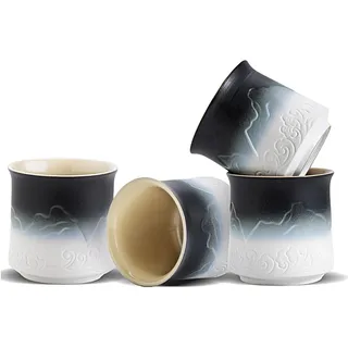 ZENS Japanische Teetasse 4er Set, 240ml Ästhetik geprägte Japan Teetassen für Matcha Tee, Chinesische Teetasse ohne Henkel, Asiatische Teetasse Traditionelle Teeliebhaber Geschenke, schwarz weiß