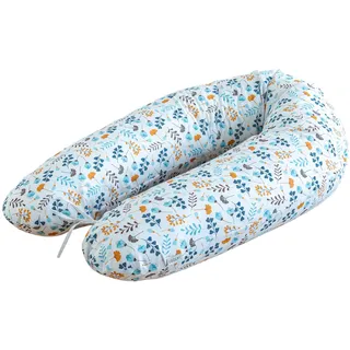 LOOLAY Schwangerschaftskissen - Stillkissen 190 cm - Seitenschläferkissen 100% Baumwolle - mit Abnehmbarem Bezug - Schwanger Kissen für Schlafen (Blumen blau gelb)