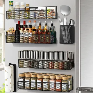 Kmise 6pcs Magnetisch Gewürzregal für Kühlschrank, Hängende schwarzem Metall Gewürzregal Ohne Bohren, Kühlschrankregale mit starken Magneten einschließlich Papierhandtuchhalter, Küchengeschirrhalter