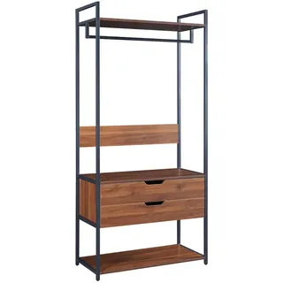 [en.casa] Garderobenständer Larem , Walnussfarben, Schwarz , Metall , Holz Optik , 2 Schubladen , 84x180x40 cm , Garderobe, Garderobenständer