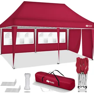 tillvex Pavillon 3x6m - mit 3 Seitenwänden Rot wasserdicht | Pop-Up Faltpavillon höhenverstellbar | Gartenzelt UV Schutz 50+ | Partyzelt mit Tasche für Garten - Rot