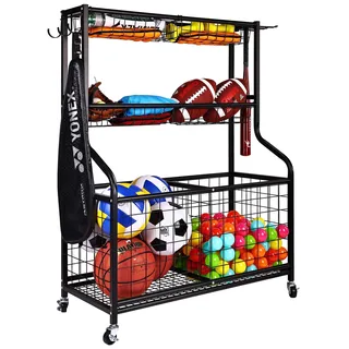 Signature Fitness Fitvids Garagen-Sportgerät-Organizer, Garagenball-Aufbewahrung, Sportausrüstung, rollender Ball-Aufbewahrungswagen, schwarz, Stahl