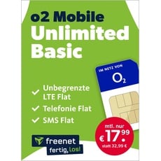 freenet o2 Mobile Unlimited Basic – Handyvertrag 24 Monate mit Internet Flat, Flat Telefonie und EU-Roaming – Aktivierungscode per E-Mail