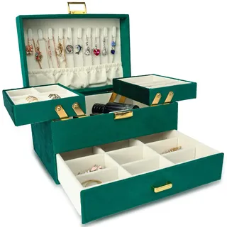 Dajasan Schmuckkästchen, Schmuckaufbewahrung, 3 Ebenen Schmuckschatulle aus Samt mit 1 Schubladen, Groß Schmuckbox für Schminktisch, Modern, Geschenk für Frauen & Mädchen (Grün)