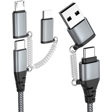 Multi USB Kabel, USB C auf USB C Kabel Nylon Mehrfach Universal ladekabel USB A/USB C auf Kompatibel mit Mikro USB/Typ C 60W PD 3.0 3A Schnellladekabel für Laptop Tablet Samsung Galaxy Huawei(2m)