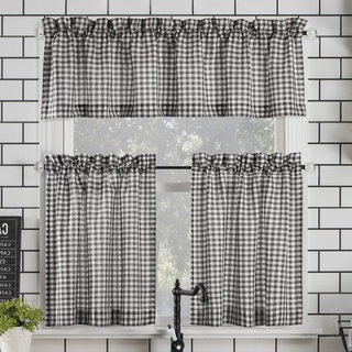 Parkham Farmhouse Plaid Semi-Sheer Gardinenstange Gardine Küchenvorhang Volant Nr.918 54" x 24" 3-Piece Set schwarz/weiß