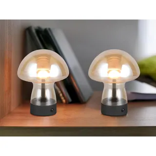 2er SET kleine kabellose Akku Tischlampen aus Glas, Pilzlampe Bernsteinfarben