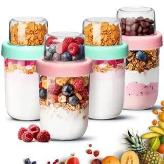 ComSaf 4er Overnight Oats Gläser, 480ml+120ml Müslibecher to go, Joghurtbecher mit Doppelschicht-Design, Trocken- und Nasstrennung Müsli to go Becher, Meal Prep Gläser mit Deckel für Yogurt Porridge