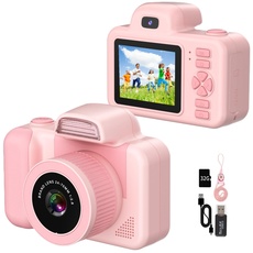 Kinderkamer 12MP Kinder Kamera für Mädchen Kleinkind ab 3 4 5 6 7 8 Jahre, HD 1080P Videocamera Fotokamera Kinder Fotoapparat Kids Camera Spielzeug mit 360°drehbare Linse, MP3, 32G Karte – Pink