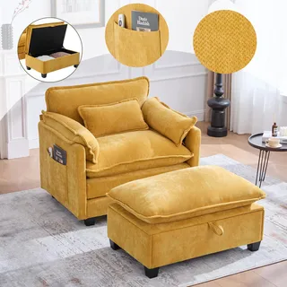 Sweiko Moderner übergroßer Sessel mit Fußstütze und Hocker, Samt-Loungesessel mit Seitentaschen und Kissen, bequemer Lesesessel für Wohnzimmer, Schlafzimmer und Wohnung