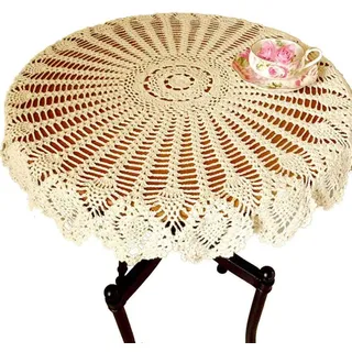 NC AMIPOS 90 cm runde Vintage beige handgefertigte Häkelspitze Deckchen Häkel-Tischdecken Baumwolle Tischdecke Tischdekoration Hochzeit Zuhause Party Dekor (Beige)