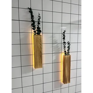2 Stück Holz Wandvase mit LED Lichtern für Zimmerpflanzen, Künstlicher Eukalyptus Wandpflanzgefäße Fake Vines Wand Pflanzgefäße für Wohnzimmer, Badezimmer, Dekorationen Wanddeko Grünpflanzen